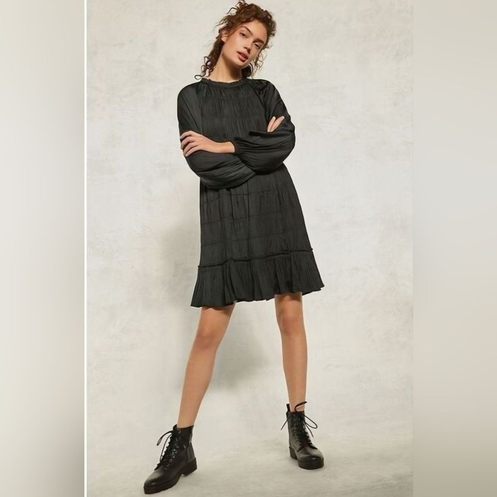 Anthropologie Maeve Smocked Mini Dress Black Long Sleeve High Neck Lined Small
